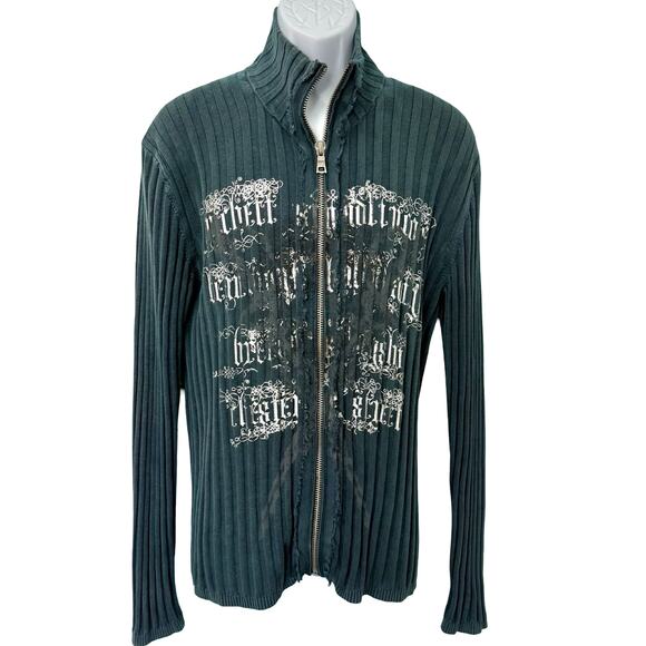 Vintage Y2K INC Blue Gray Distressed Mock Neck Full Zip Cardigan Sweater size L - Picture 1 of 10
